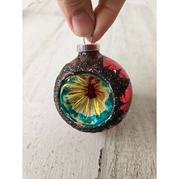 Antique indent red ball mercury reflector ornament West Germany Xmas glitter tre - Picture 1 of 12